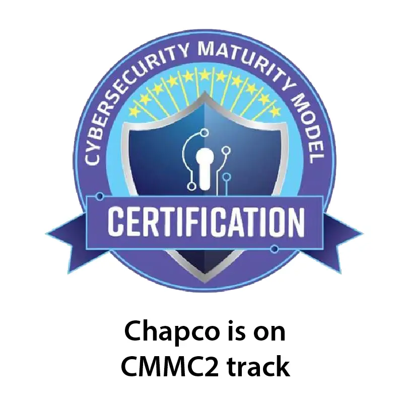 Circular certification badge for Cybersecurity Maturity Model (CMMC) with a blue shield and 'CERTIFICATION' ribbon; Chapco on CMMC2 track.