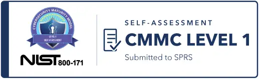 CMMC Level 1 Self-Assessment badge showing NIST 800-171 and submission to SPRS (security certification graphic).