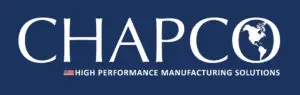 CHAPCO logo on a dark blue background with a globe in the O and the slogan ‘High Performance Manufacturing Solutions’ accompanied by a small American flag.