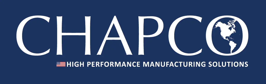 CHAPCO logo on a dark blue background with a globe in the O and the slogan ‘High Performance Manufacturing Solutions’ accompanied by a small American flag.