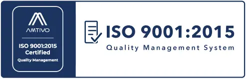 ISO 9001:2015 quality management system certification badge with a left seal indicating certification status
