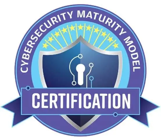 Cybersecurity Maturity Model Certification badge with a blue shield and ribbon reading CERTIFICATION.