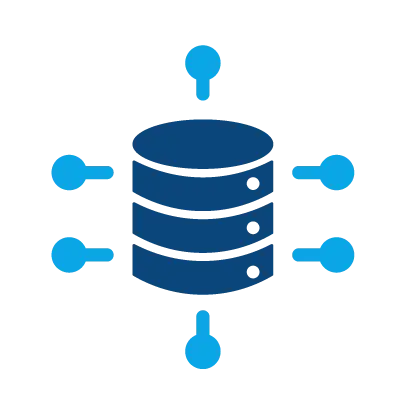 Blue database icon with four outward connectors and one bottom connector, suggesting a data hub or distributed storage.