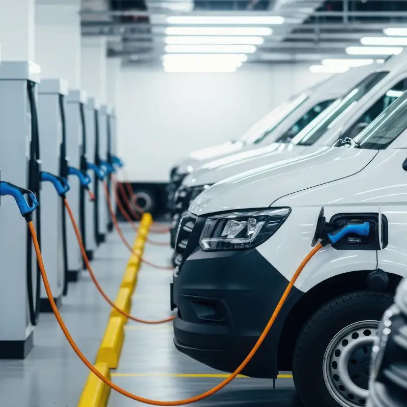 Row of white delivery vans plugged into blue charging stations in a bright indoor EV charging facility; orange cables run to each vehicle.