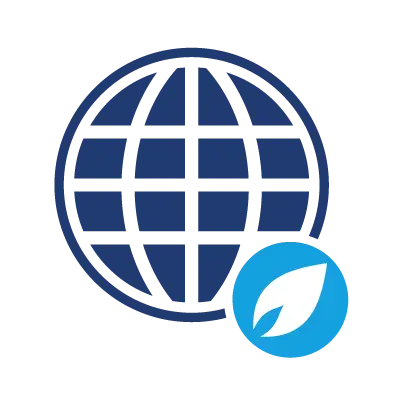 Blue globe icon with a grid pattern and a cyan circle containing a white leaf, representing global sustainability.