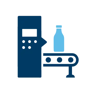 Illustration of a bottling line: a tall machine with a bottle on a conveyor belt beneath it.