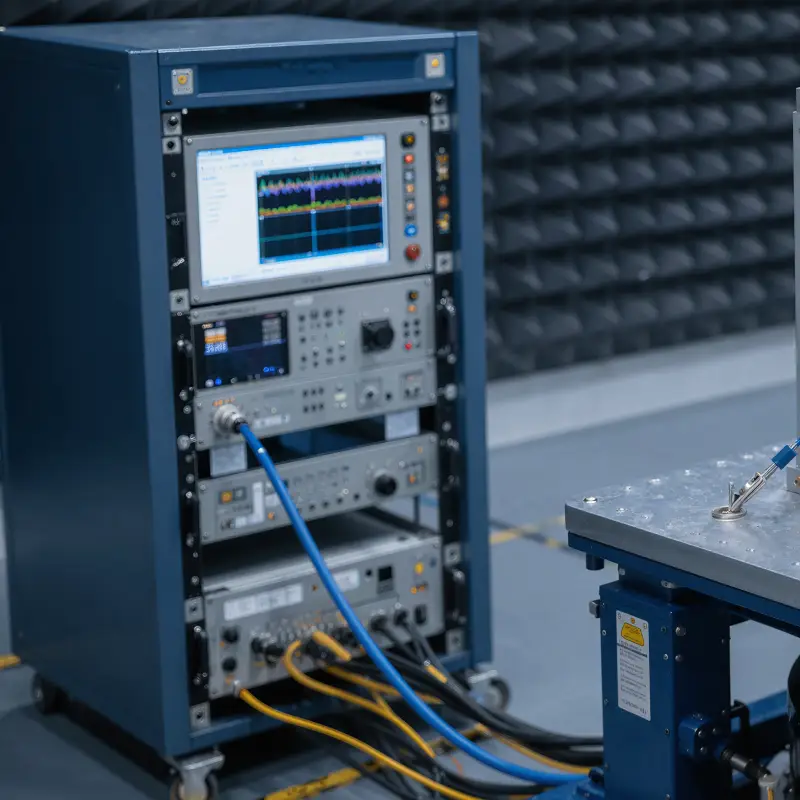 Blue rack-mounted test equipment with a monitor displaying waveform graphs and multiple cables connected at the bottom.