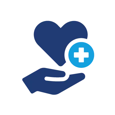 Hand cupping a heart with a medical cross, symbolizing health care and support.