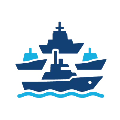 Icon-style illustration of several blue ships sailing on blue waves, forming a naval fleet.