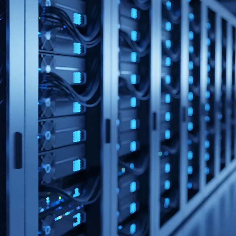 Rows of server racks in a data center with blue status lights and cables running along the front panels (cool blue glow).