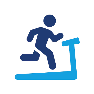 Blue icon of a person running on a treadmill, conveying exercise or cardio activity.