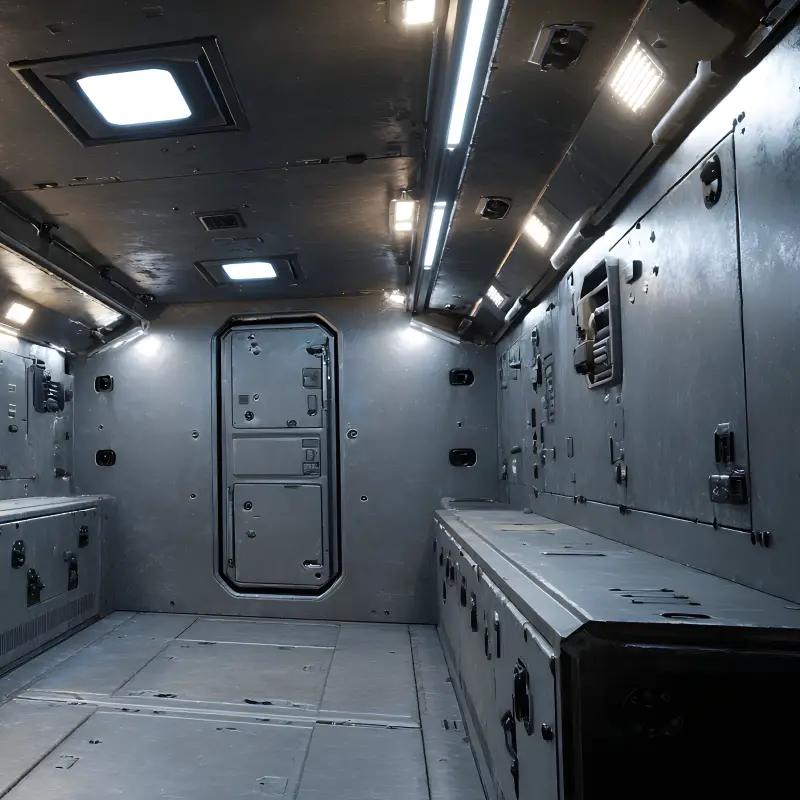 Interior of a gray metal sci‑fi cargo cabin with a central door, overhead lights, and a long workbench along the right wall.
