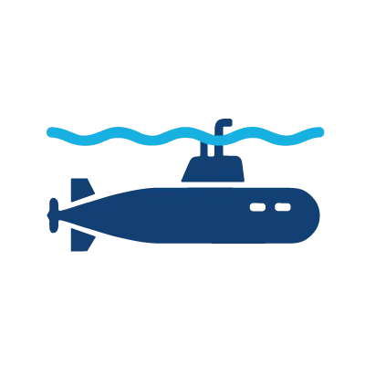 Dark blue submarine with rear propeller and two porthole windows, set beneath a light blue, wavy water surface.