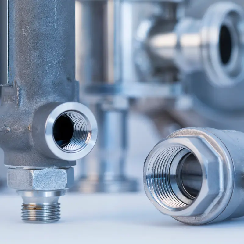 Close-up of metal pipe fittings with threaded openings and hex nut, showcasing industrial plumbing hardware